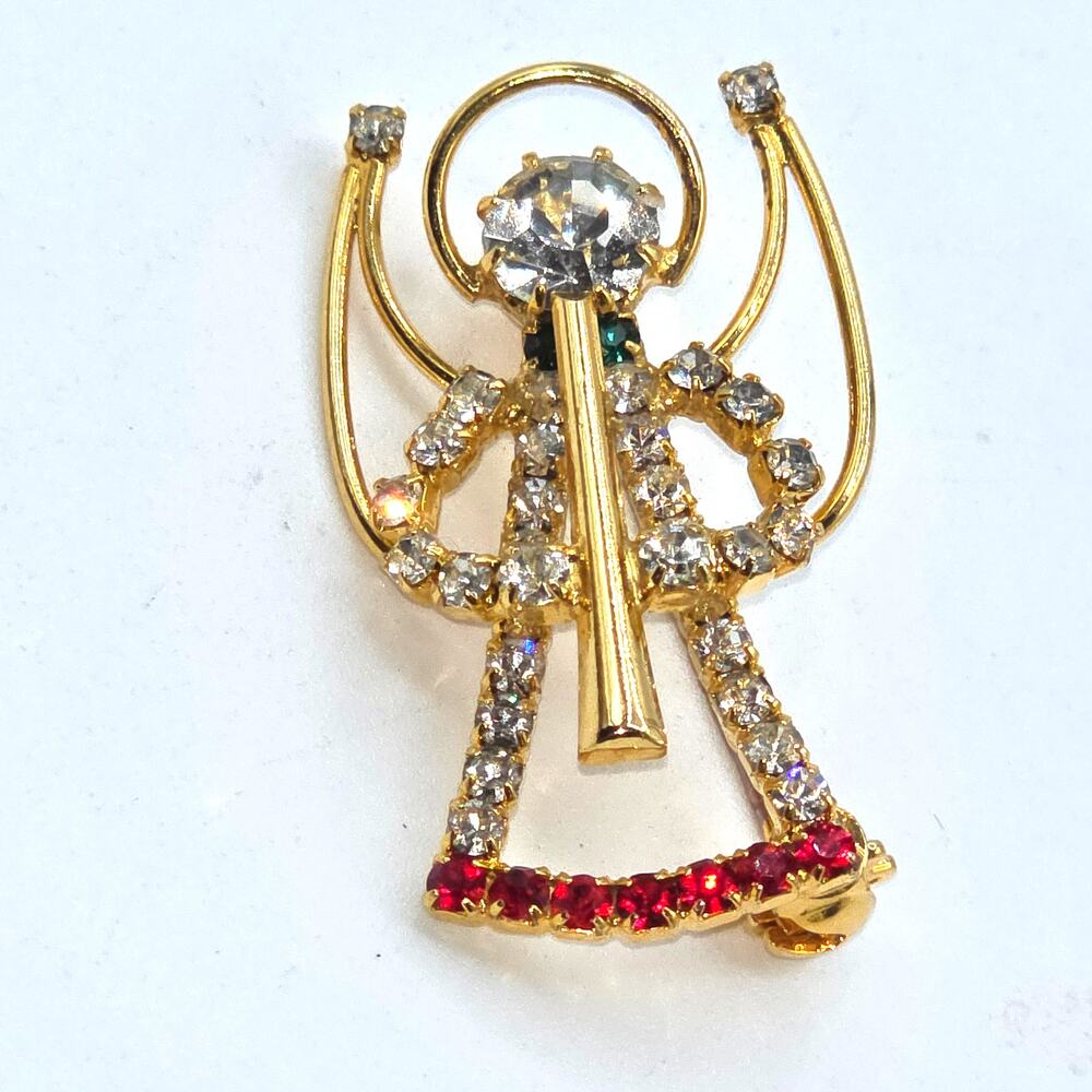 Gold Tone Christmas Angel Brooch Rhinestone Trumpet Red Green Accent Vintage